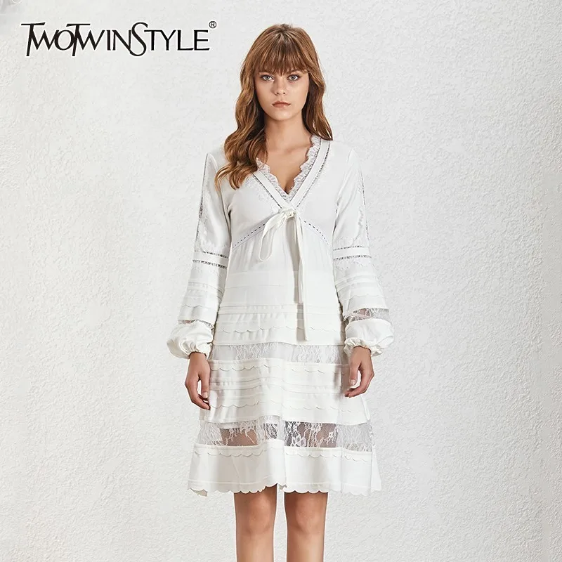 TWOTWINSTYLE, лоскутное кружевное платье, женское, v-образный вырез, фонарь, длинный рукав, на шнуровке, женские платья, элегантная мода, весна-осень