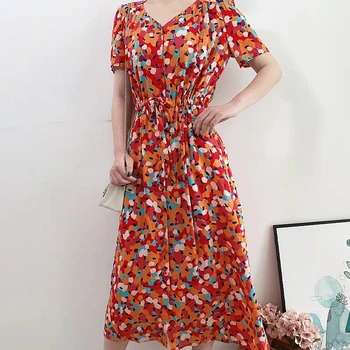 

Lady dress 2020 summer new Color Dot Print lace-up Single-breasted short sleeve V-neck women midi dress Soft comfortable