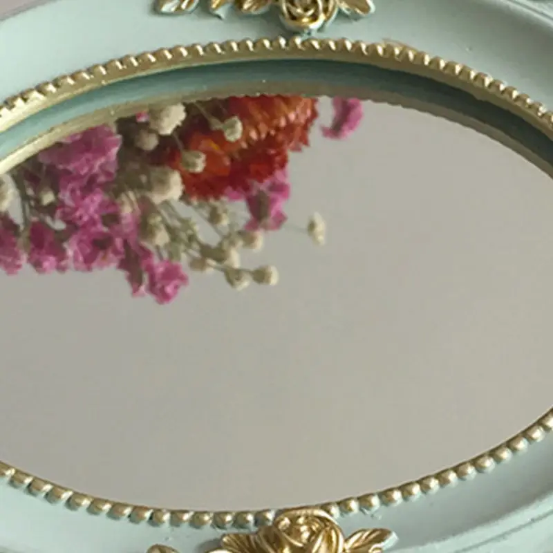 European Palace Style Vintage Handheld Roses Mirror Princess Women Girls Oval Vanity Makeup Cosmetic Tool with Anti-Slip Handle