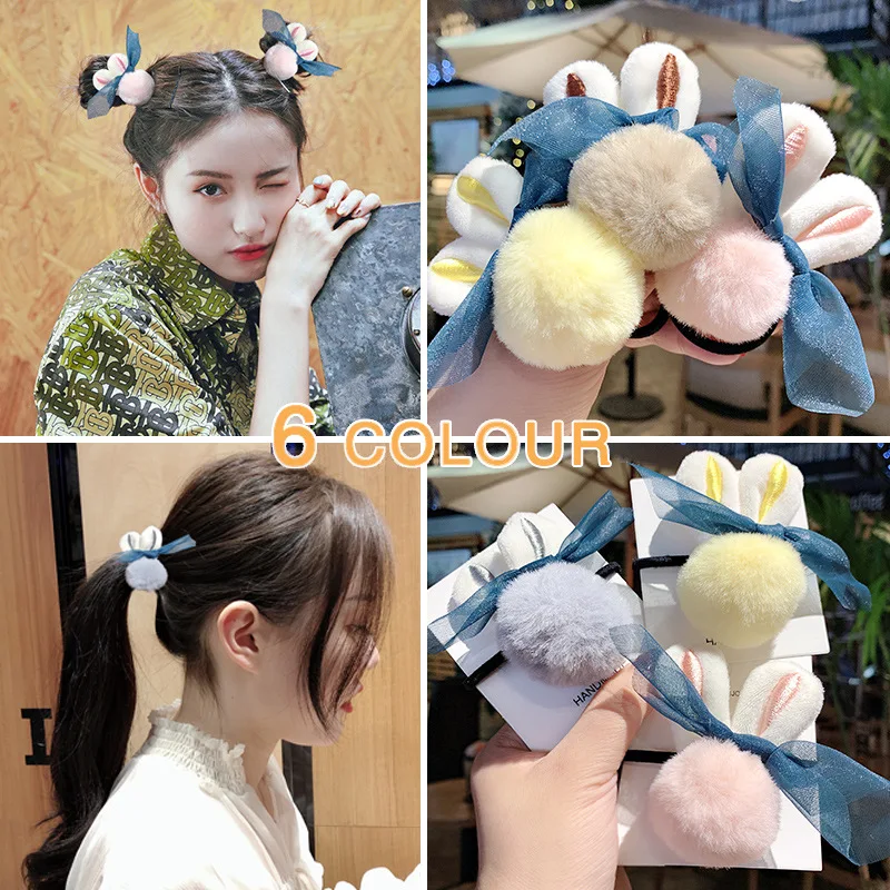 

UNTAMED Cute Pom Rabbit Head Elastic Hair Bands for Women Girls Hairpins Ponytail Holder Scrunchies Hair Clips Hair Accessories