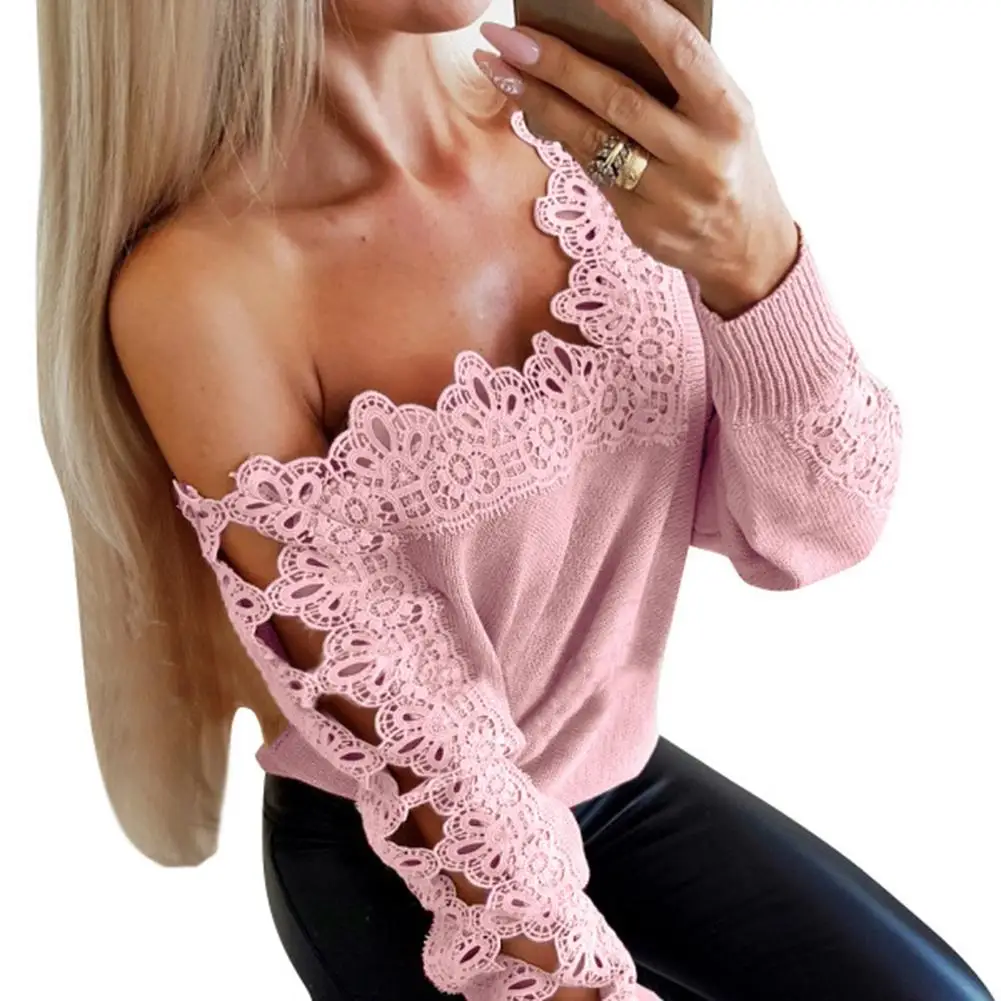 

Nuevo Sexy mujer ahueca hacia fuera V cuello Floral ribete camiseta famale fuera del hombro Color sólido Camiseta de manga larga para las mujeres