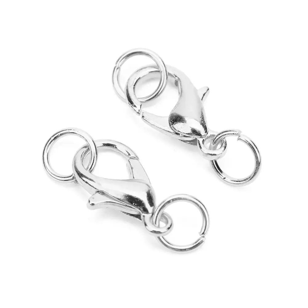 silver 20pcs 10 12 14mm Lobster Clasps Hooks Set Metal Iron Gold Color Jump Rings End Clasps Connectors Necklace Supplies For Jewelry - Цвет: silver