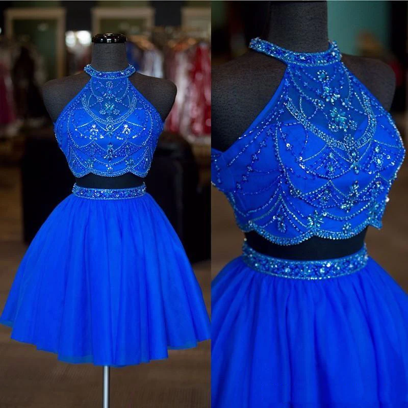 

Halter Neck Two Pieces Homecoming Dresses Beaded Rhinestone A-line Tulle Mini Short Cocktail Party Dresses vestido de formatura