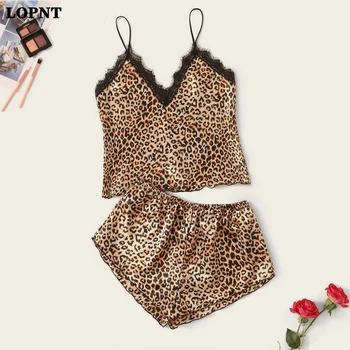 

LOPNT New European And American Sexy Ladies V-Neck Pyjamas Set Sleeveless Leopard Print Lace Cami With Shorts Women Sleepwear