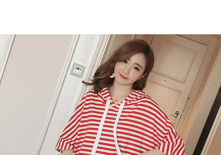 4910 Корейская футболка с рукавом летучая мышь, Женская длинная полосатая футболка с капюшоном, женская уличная свободная хлопковая Футболка большого размера высокого качества