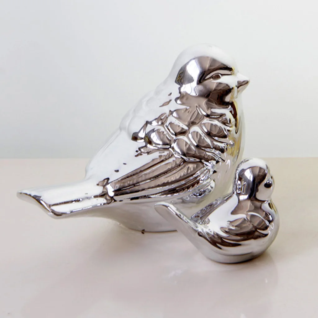 Small Silver Ceramic Chubby Bird Figure Ornaments Animal Model Gift for Home Garden Statue Decorative Crafts