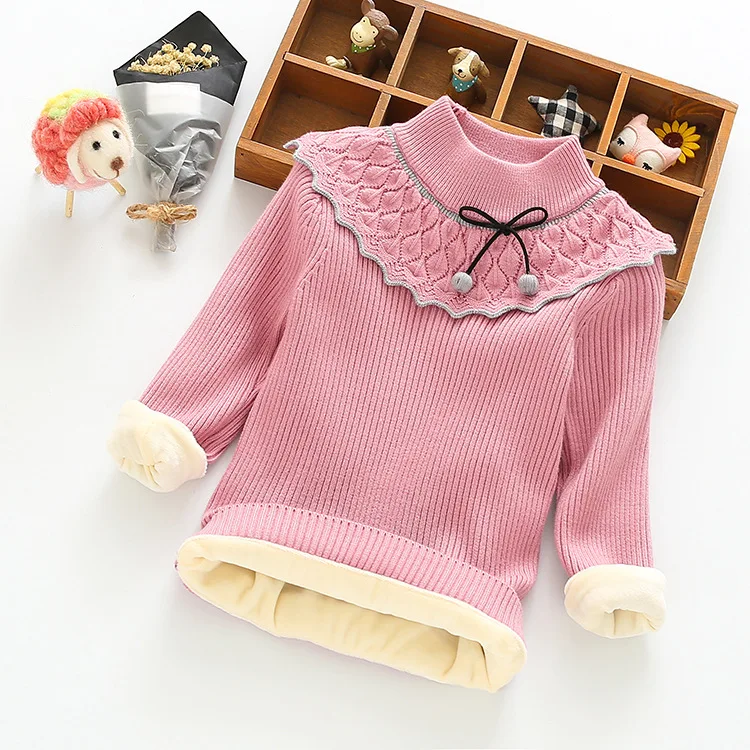 Осенне-зимняя детская одежда, теплые хлопковые пуловеры для маленьких девочек, Свитера с плюшевой подкладкой, Зимний вязаный свитер для девочек - Цвет: Pink velvet
