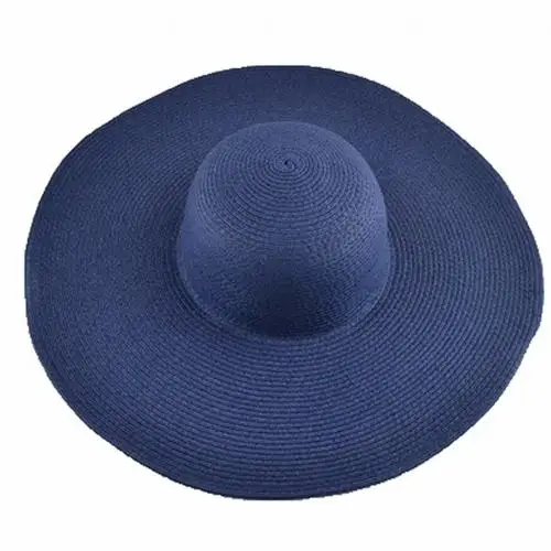 Hawaiian Summer Beach Floppy Hat Solid Color Women Wide Brim Straw Sun Cap - Цвет: Navy Blue