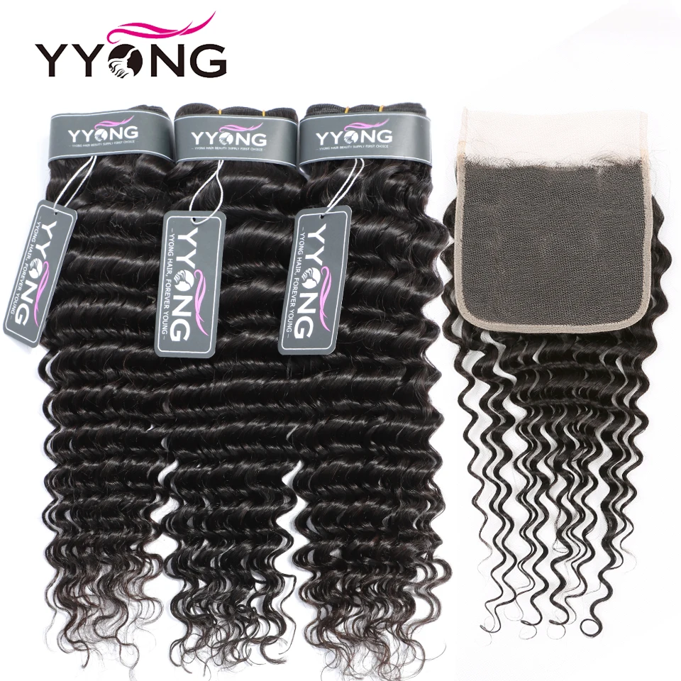 Yyong 4X4&5×5 Closure With Bundles 8-30inch Deep Wave Bundles With Closure 3/4pcs Hair Bundles With Closure