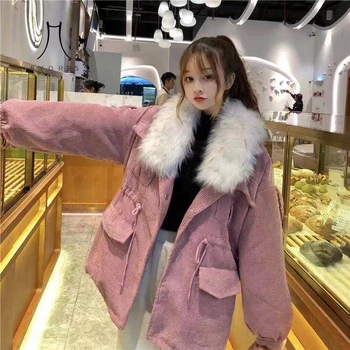 

Women Winter Faux Fur Warm Corduroy Coat Vintage Loose Female Thickened Lamb Parkas Lady Street Pockets Jacket Outwears