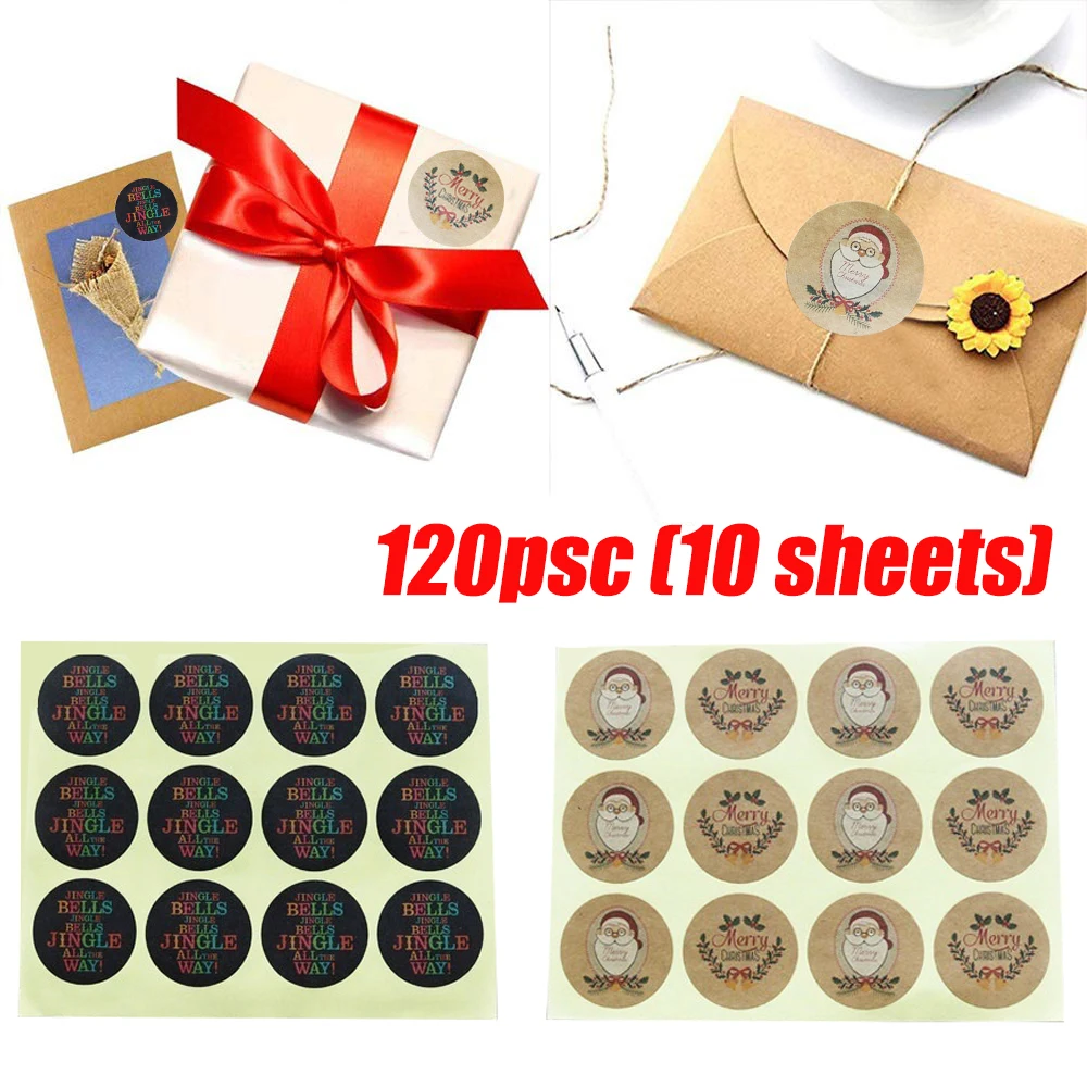 120pcs Seal Stickers Santa Claus Kraft Paper Sticker Gift Tags Merry Christmas DIY Paper Label Scrapbooking Stationery Stickers