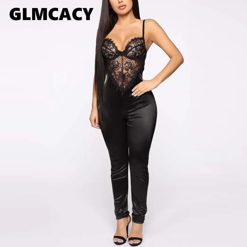 

Women Summer Sexy Lace Insert Jumpsuit Elegant Black Sleeveless Spaghetti Strap Jumpsuit Celebrity Party Overalls