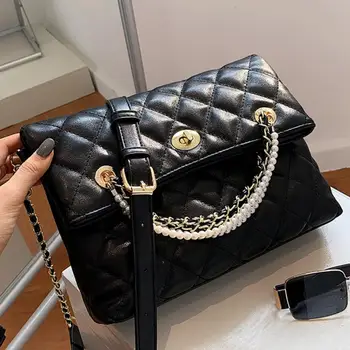 

Lattice Square Pearl Tote bag 2020 Fashion New High quality PU Leather Women's Designer Handbag Chain Shoulder Messenger Bag