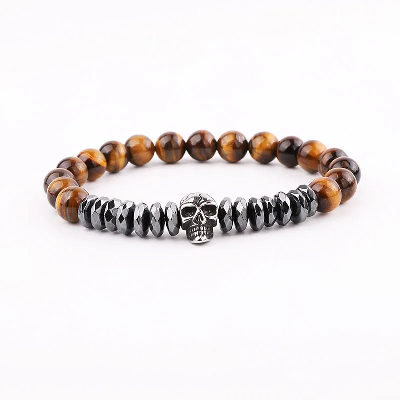 New Design Men Bracelet Stainless Steel Skull Charm Hematite Tiger Eye Beads Elastic Bracelet Men Jewelry Gift - Image 4