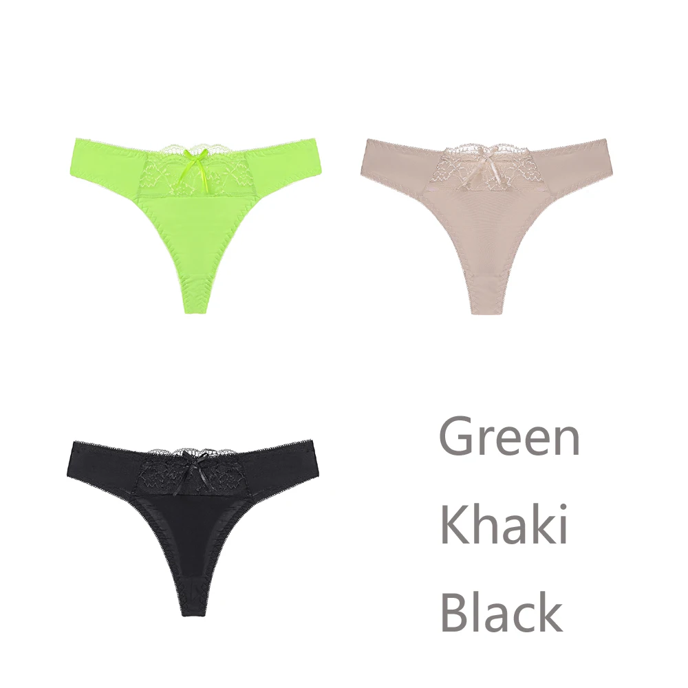 Green Khaki Black 3 шт./лот, женские стринги, стринги, сексуальные бесшовные трусики, низкая посадка, стринги для женщин, одноцветные, размера плюс, нижнее белье для женщин, нижнее белье Танга - Color: Green Khaki Black