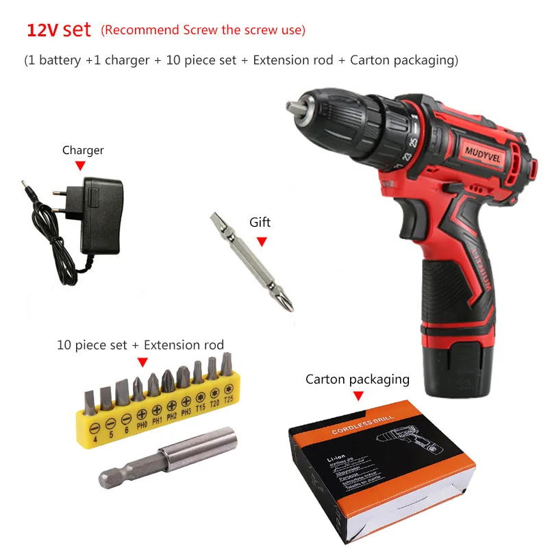 Cordless Drill 12V 16.8V 24V Optional 3/8 inch 2 speed Power Tools Flexible shaft Screwdriver Dremel Rechargeable - Цвет: 12V set 1 battery