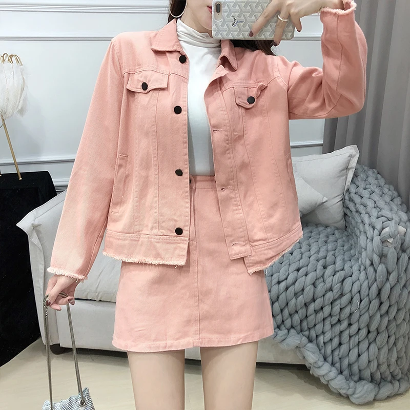 

Pink Women Outfits 2019 Single Breasted Casual Denim Jacket Coats Female+Button A Line Short Skirt Set Korean Autumn 2 Piece Set