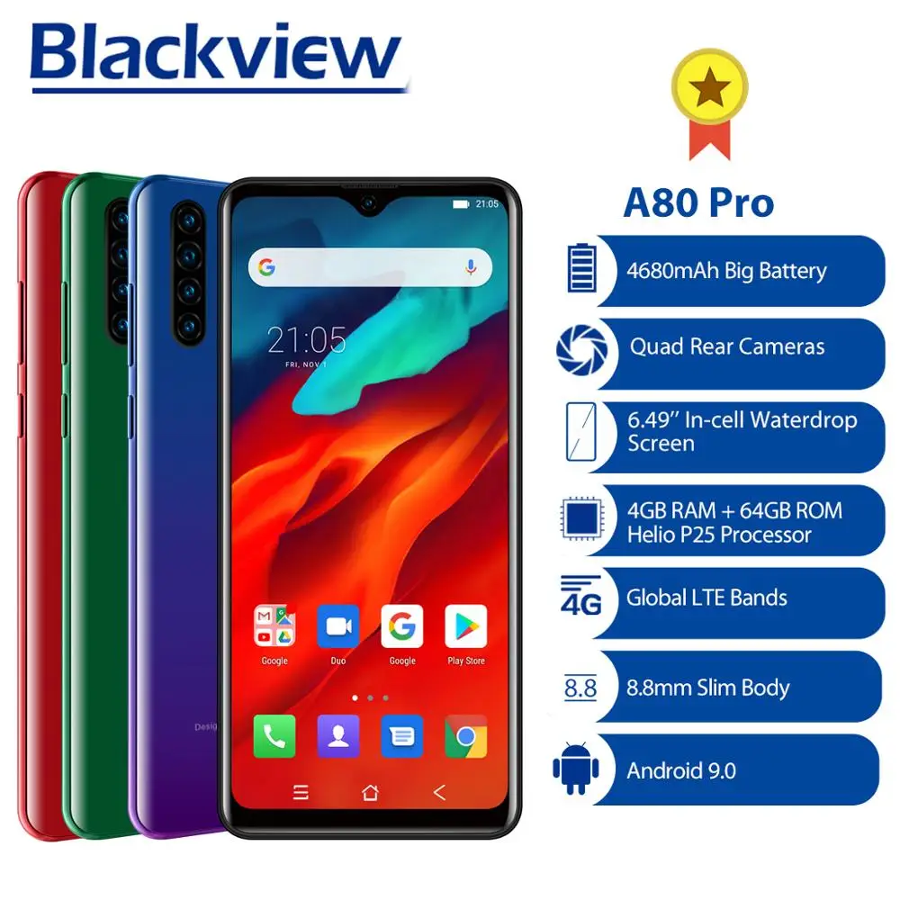  Blackview 4G Mobile Phone A80 Pro Quad Rear Camera Smartphone Octa Core 4GB+64GB Android 9.0 6.49in