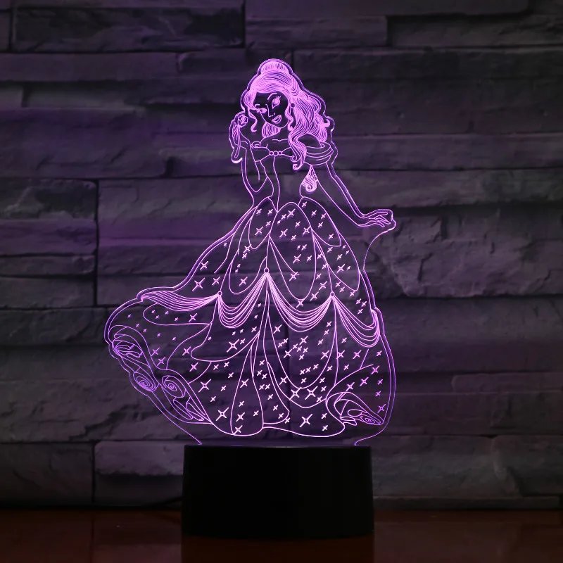 Красота и с рисунком из мультфильма «Красавица и Чудовище» 3d светодиодный ночной Светильник принцессы Беллы Украшения в спальню подарок для маленьких девочек ночной Светильник Настольный ночной Светильник платье "Принцесса Белль"