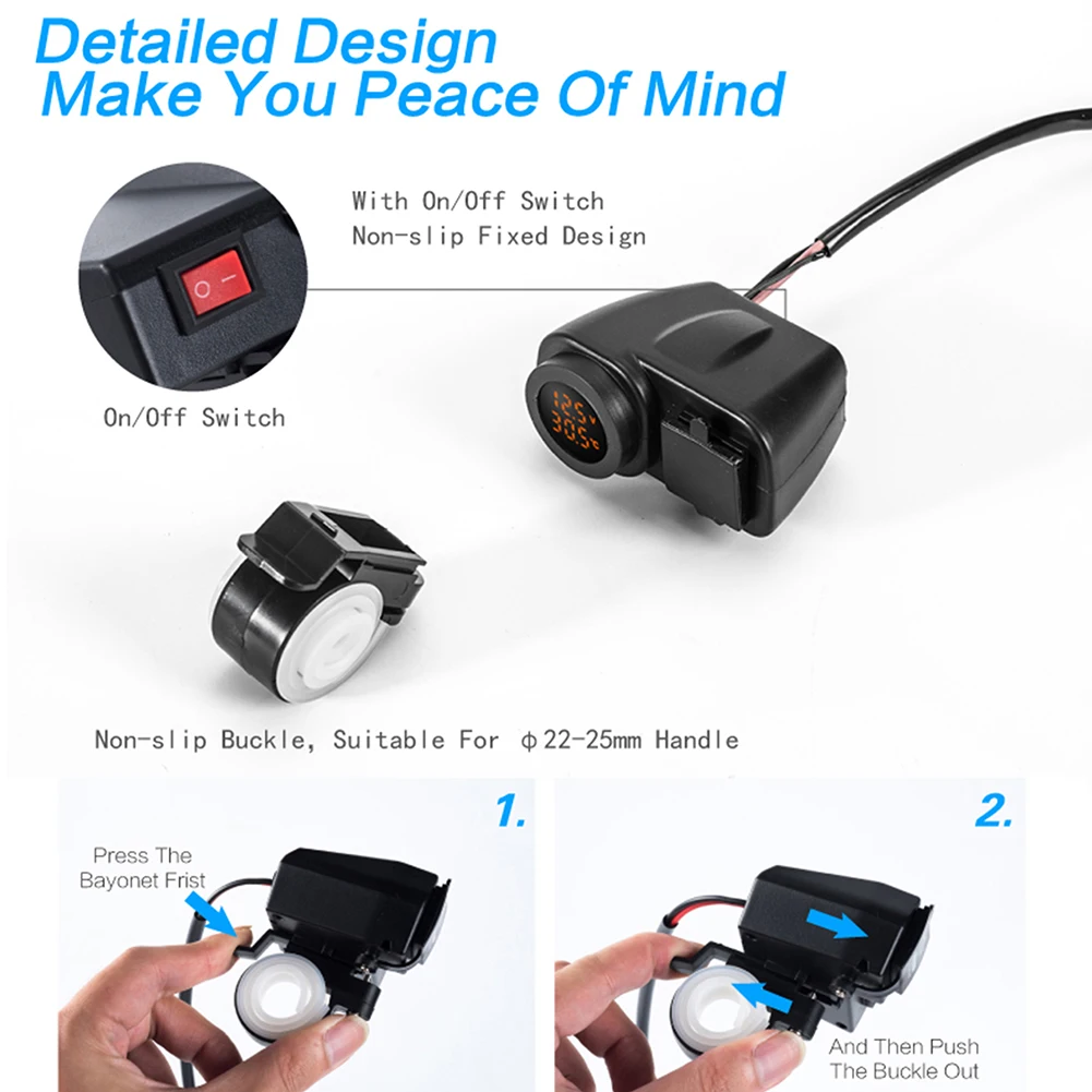 12-30V светодиодный мотоцикла USB Зарядное устройство 2.1A+ 2.1A с цифровой вольтметр-термометр