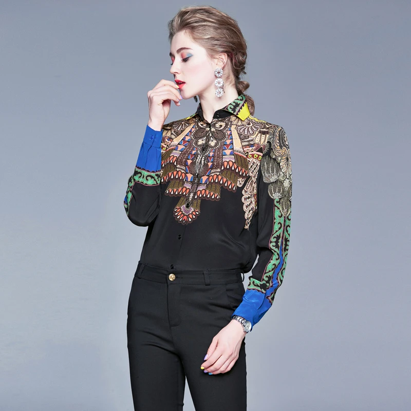  2019 Fashion Designer Runway Tops Women Blouses Long Sleeve Shirt Vintage Printed Blouse Womens Top