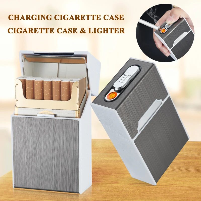 

2 In 1 Portable Automatic Electronic Cigarette Case Box with USB Rechargeable Zinc Alloy Windproof Electric Cigarette Lighters