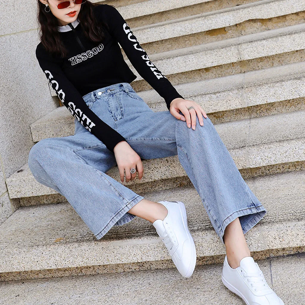 JAYCOSIN, женские корейские однотонные свободные винтажные прямые джинсы с высокой талией, синие длинные широкие штаны, уличная одежда бойфренда 1130