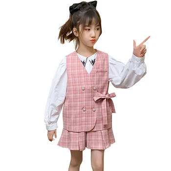 

Kids Clothes Girls Plaid Pattern Costume For Girls Vest + Short Girls Sets Clothing Casual Style Children's Tracksuits