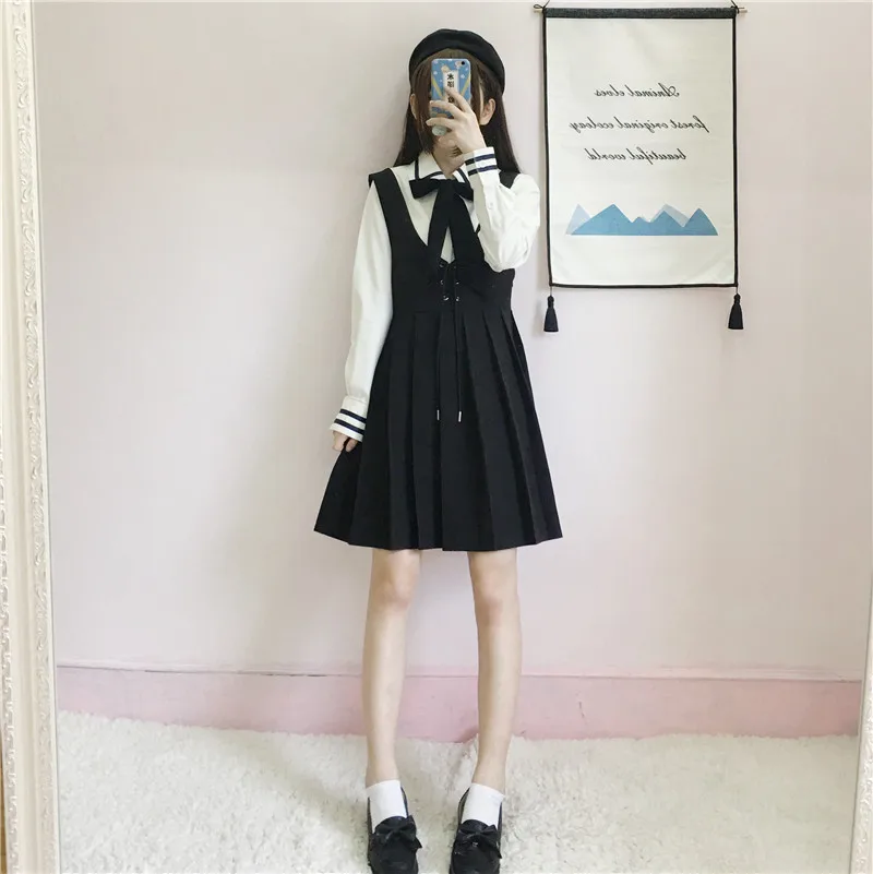 

New Japanese Autumn Women Preppy Style Pleated Dress Sundress Harajuku Bandage Mini JK Dresses Suit Cute Kawaii School Uniform