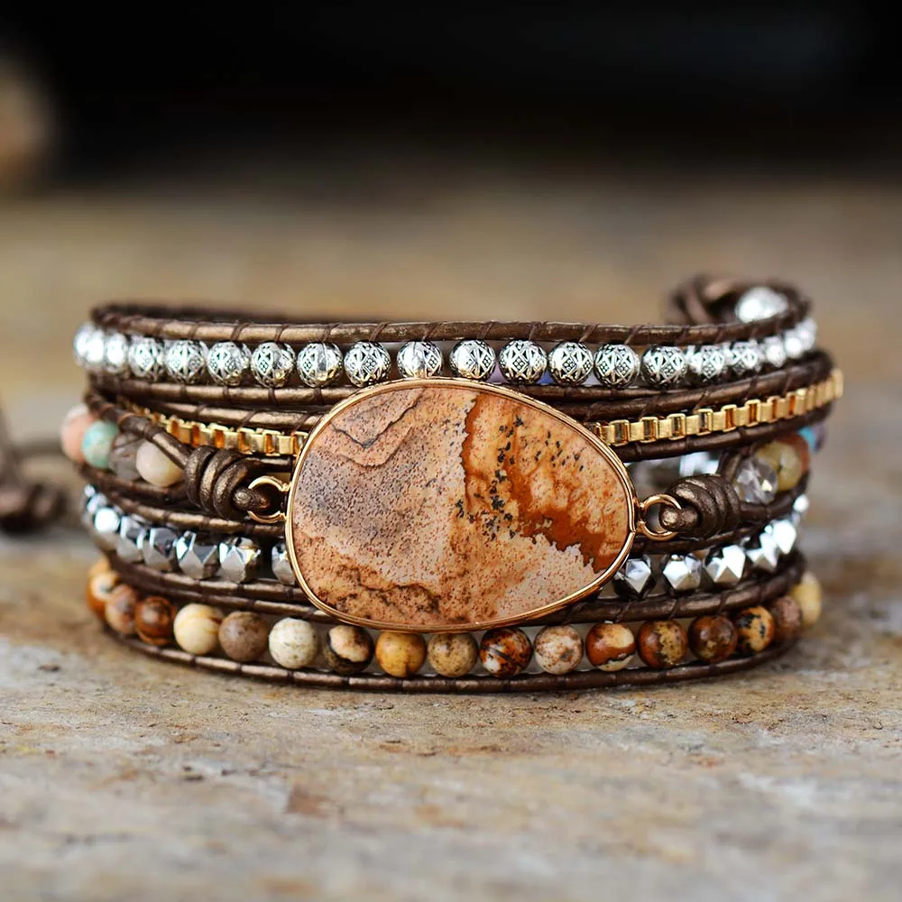 5 Strand Leather Wrap Bracelet W/ Semiprecious Stone Chain Beaded Statement Bracelet Boho Jewelry Dropshipping Wholesale