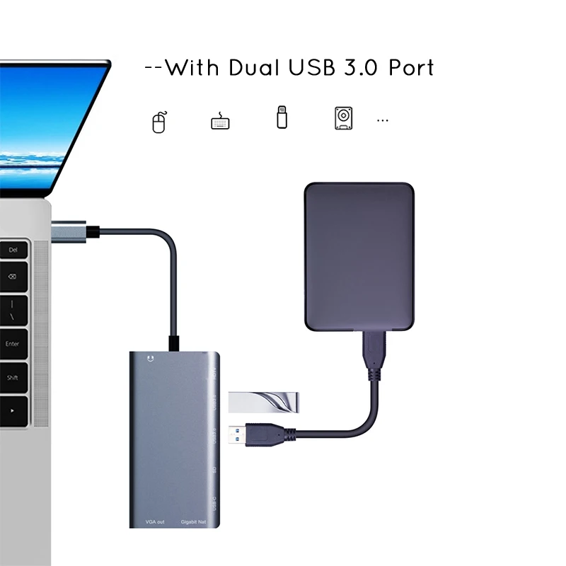  Usbc To Rj45 Lan 4K Hdmi Vga 2Usb 3.0 Sd Card Slot Reader 8 in 1 Type C Dock Adapter Hub for Macboo