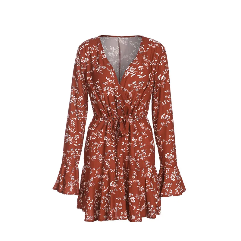 Красный Boho Необычные летние платья для женщин цветочный принт Горячая сексуальная мини платье с расклешенными рукавами повязки V образным вырезом Мода праздник тонкий vestido осень - Цвет: Красный