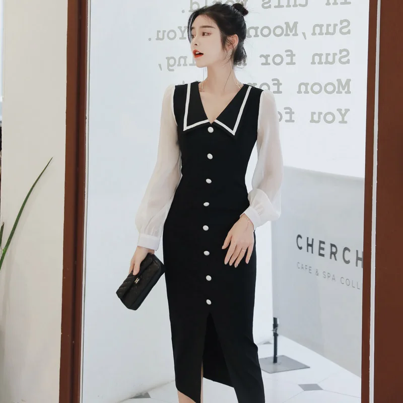 

New Spring Autumn Woman Clothes Long Sleeve Dress Temperament Single row buttons Dresses Black Fashion Fall 2020 Women Clothing