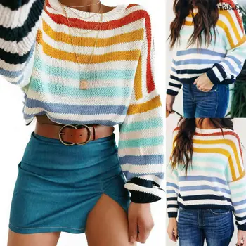 

Womens Casual Long Sleeve Striped Sweater Ladies Knitted Casual Loose Jumper Pullover Autumn Winter Tops
