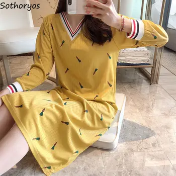 

Nightgowns Women V-neck Long Sleeve Loose Plus Size 2XL Printed Korean Style Sweet Soft Elegant Leisure New Kawaii Comfortable