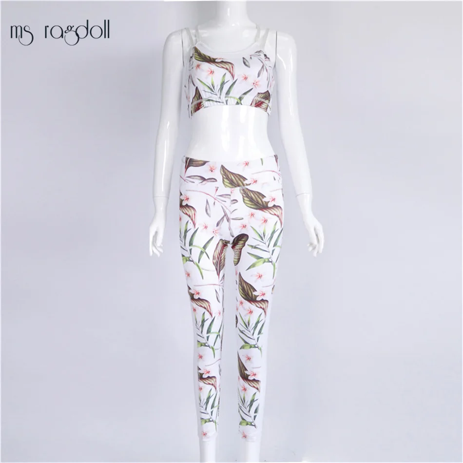 Tracksuit For Women Floral Print Mash Patchwork 2 Piece Yoga Set Women Cropped Bra+Long Pant Fitness Sport Suit Women Clothing - Color: White