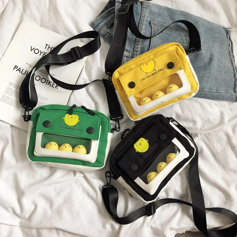 

Clear Women Shoulder Bag Canvas Cute Cartoon Girls Ita Messenger Bags Casual Zip Handbag Ladies Transparent Crossbody Bag Female