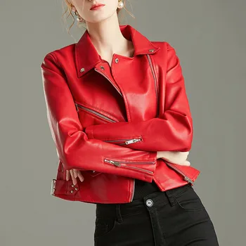 

[EWQ] 2020 Spring Autumn New Zipper Button Turn-down Collar Long Sleeve Locomotive Temperament PU Leather Jacket 3AC387