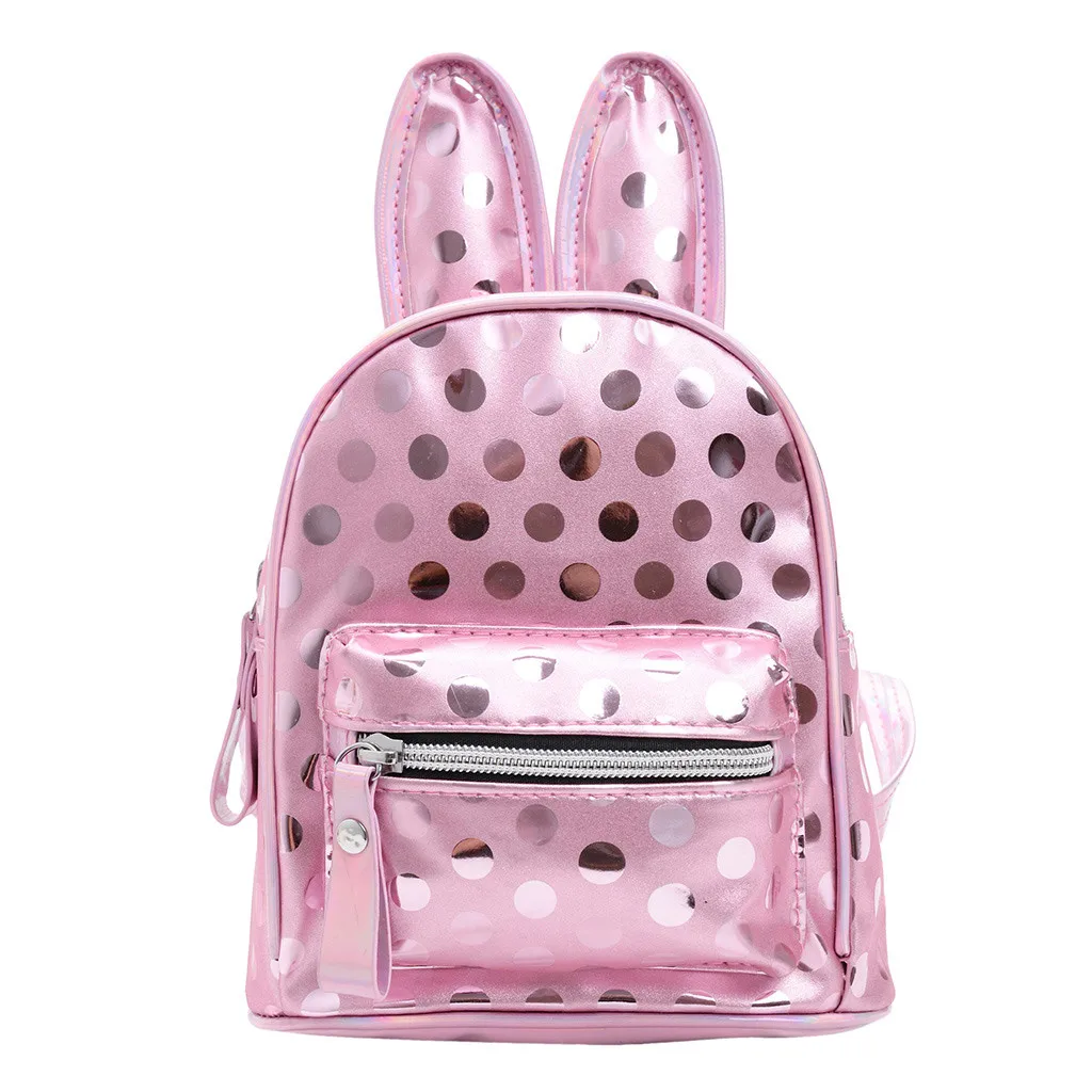

Kids Backpack Cute Rabbit Ears Double Shoulder Bag Mini Backpacks Children Girls Dots PU Leather Travel Knapsack #H10