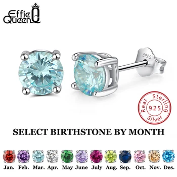 Effie Queen 925 Sterling Silver Birthstone Earrings for Women AAA Cubic Zircon 12 Colors Stud Earrings Fashion Girl Jewelry BE84
