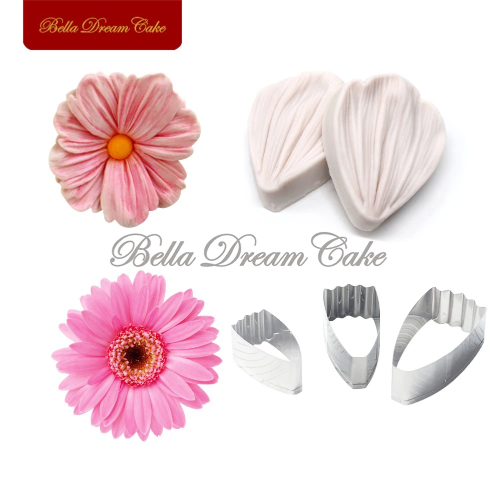 5pcs/Set Daisy Cosmos Flower Silicone Veiner Mold Stainless Steel Cutter Fondant Petal Clay Mould Cake Decorating Tools Bakeware