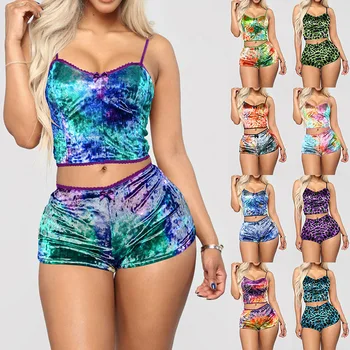 

Women's Sexy Velvet 2 Piece Outfit Spaghetti Strap Sleeveless Crop Top+ Shorts Set Beach suit party clothes