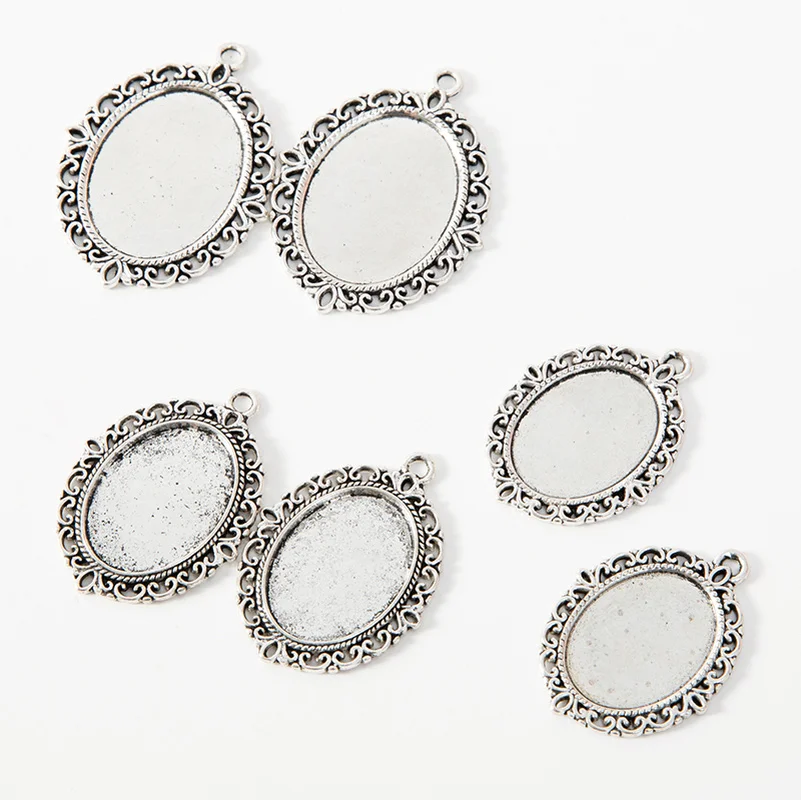 

10Pcs Antique Silver Oval Blank Filigree Pendant Base Tray Cameo Cabochon Bezel Setting Cabochon Base for DIY Jewelry Making