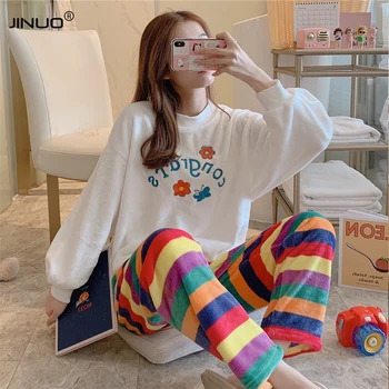 

JINUO Spring Pajamas Soft Round Collar Long Sleeve + Pant PJ Nightwear Pyjamas mujer Womens Cotton Flannel Pajamas for Women