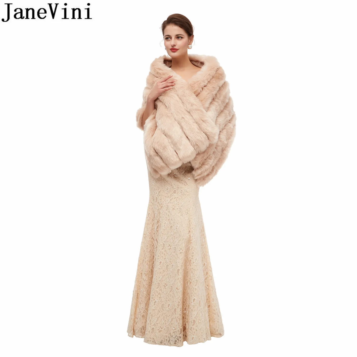 JaneVini 2020 Newest Style Bridal Fake Fur Wraps Winter Wedding Dress Shawl Cape Champagne Women Faux Fur Wedding Bolero Shrugs