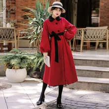 YOSIMI осеннее зимнее женское Шерстяное Пальто красное вино элегантное шерстяное длинное пальто до середины икры Женская куртка с длинным рукавом рукав-фонарик