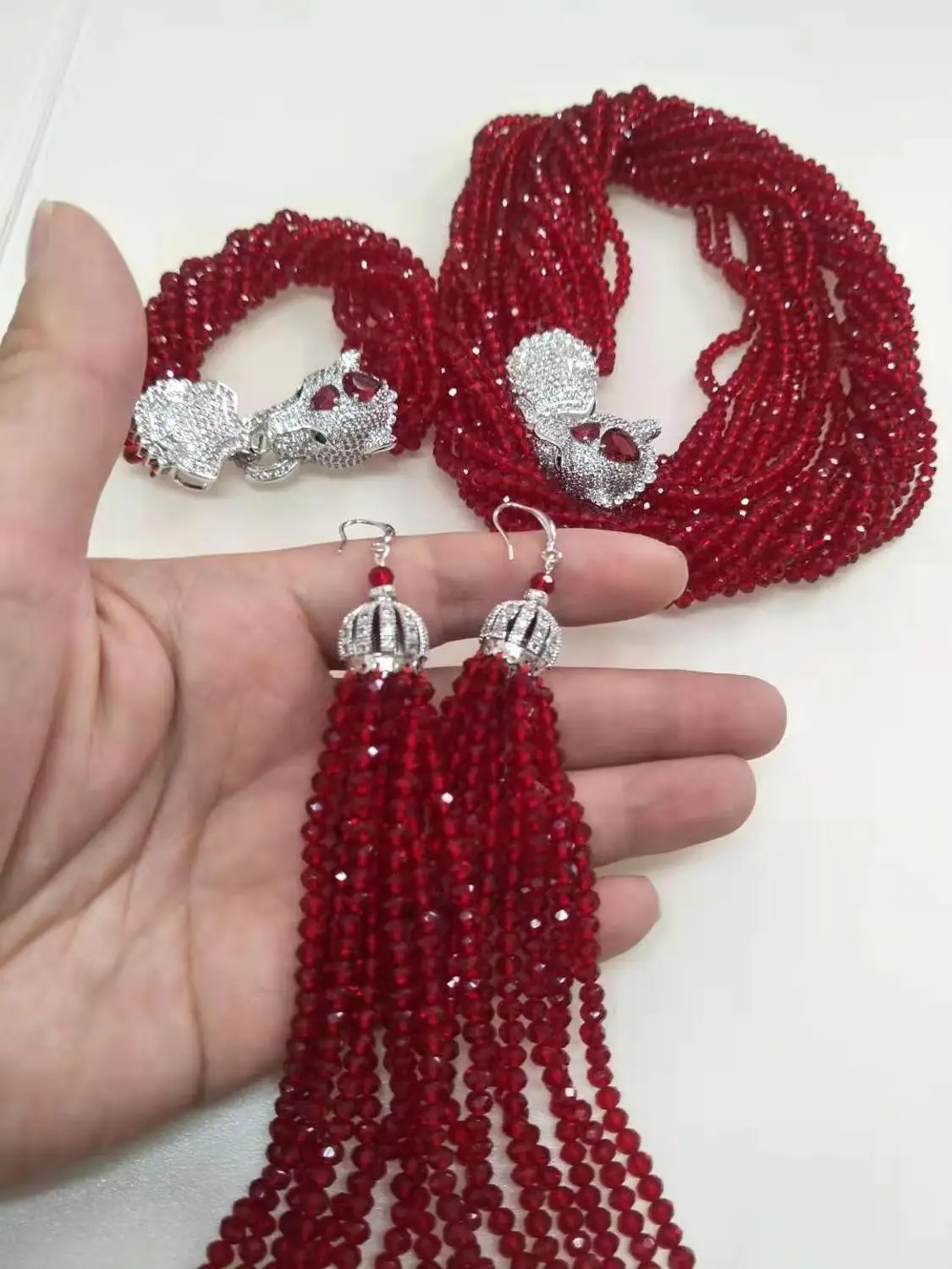 8row леопардовая голова застежка аксессуар зеленый красный кристалл ожерелье браслет серьги набор 25 дюймов