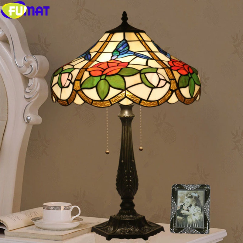 FUAMT Home Decor Table Lamp Stained Glass Lampshade Tiffany European Style Alloy Frame Table Light Red Rose Blue Butterfly Drawing Handcraft Arts 4