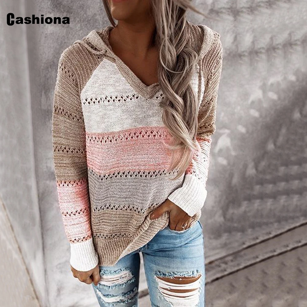 

2020 Hooded Sweater Women Autumn Long Sleeve Patchwork Color Pullovers Knitted Sweaters Plus size Femme Hoodies Top Streetwear