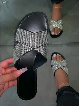 

Summer Woemen Rhinestone Slippers Paltform Flat Heel Peep Toe Solid Slides Fashion Luxury Outdoor Ladies Shoes Zapatos De Mujer